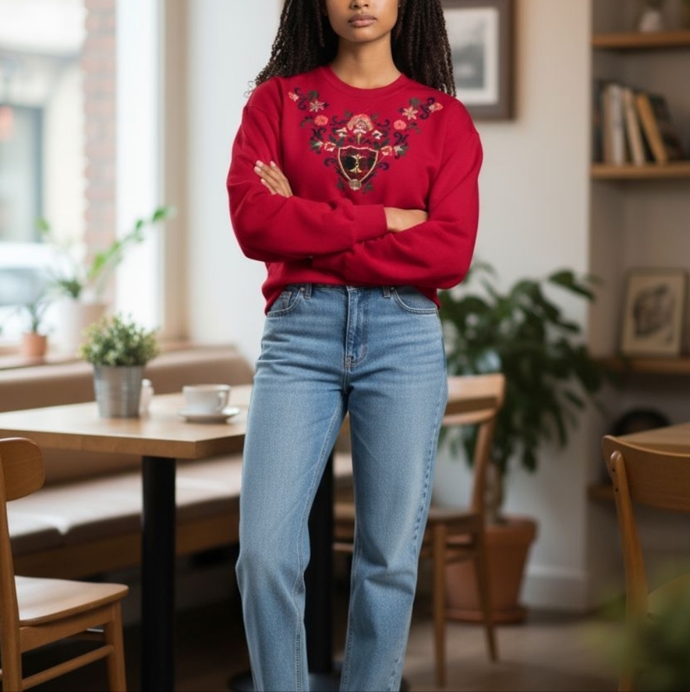 Vintage Sweatshirt embroidered flowers and tartan shield patterned jumper‎ with